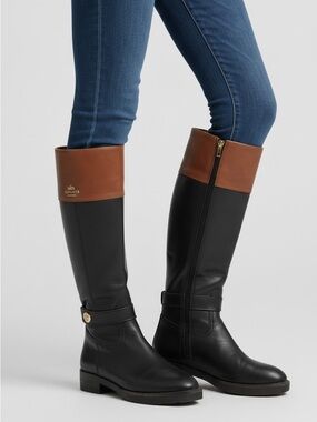 Coach Eva Black and Brown Knee High Equestrian Riding Boots Gold Hardware 5.5